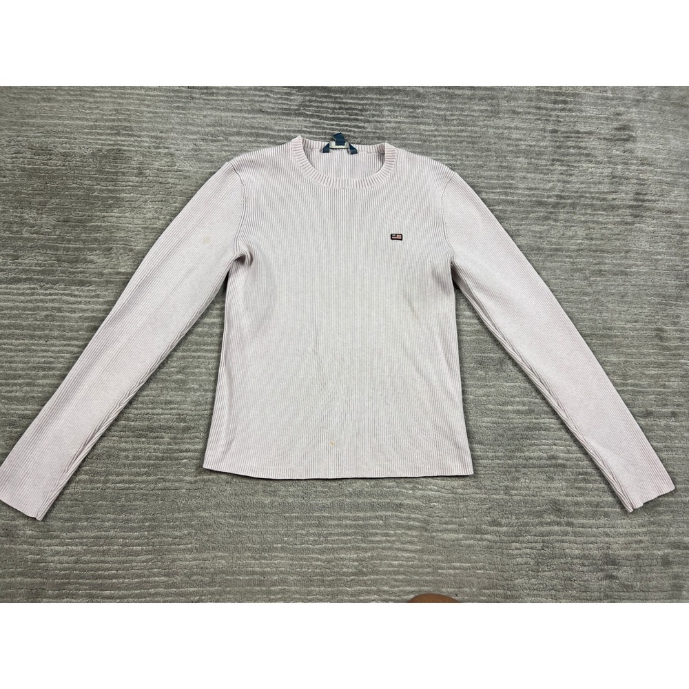 Polo Jeans Co Sweater Womens L Pink Ribbed Knit Long Sleeve Crew Neck Flag Logo